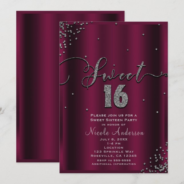 Convites SWEET 16 Dezesseis Cantos de Confetes Prata Borgon (Frente/Verso)