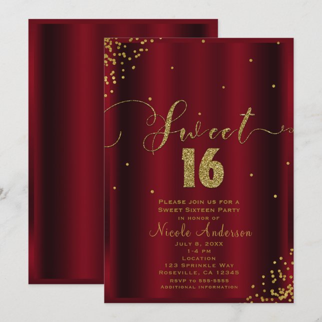 Convites SWEET 16 Dezesseis Cantos de Confetes Vermelhos e  (Frente/Verso)