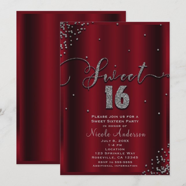Convites SWEET 16 Dezesseis Cantos de Confetes Vermelhos e  (Frente/Verso)