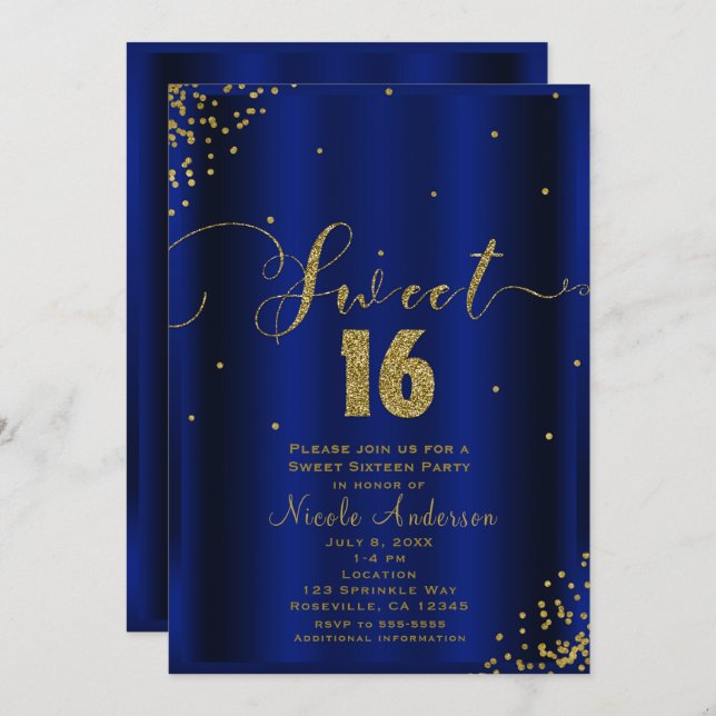 Convites SWEET 16 Dezesseis cantos de Confetti Dourado Real (Frente/Verso)