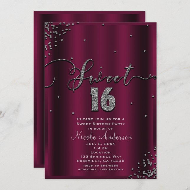 Convites SWEET 16 Dezesseis cantos de Confetti Silver Burgu (Frente/Verso)