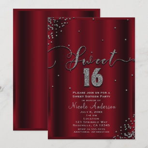 Convites SWEET 16 Dezesseis cantos Red & Silver Confetti