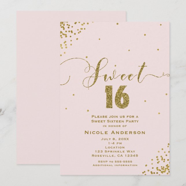 Convites SWEET 16 Dezesseis Confetes Cor-de-rosa e Dourado  (Frente/Verso)