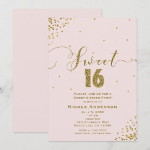 Convites SWEET 16 Dezesseis Confetes Cor-de-rosa e Dourado 