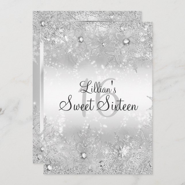 Convites Sweet 16 Diamond Snowflake Winter Wonderland (Frente/Verso)