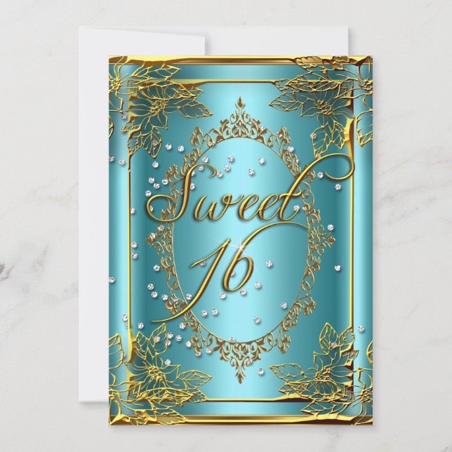 Convites SWEET 16 Doce Teal de Prata Dourada de Dezesseis P (Frente)