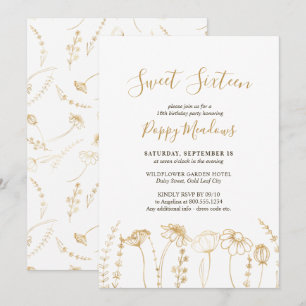 Convites Sweet 16 Dourado Desenho de Flor Selvagem 16º Ani
