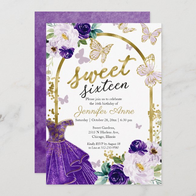 Convites Sweet 16 Floral Purple Dress Butterfly (Frente/Verso)