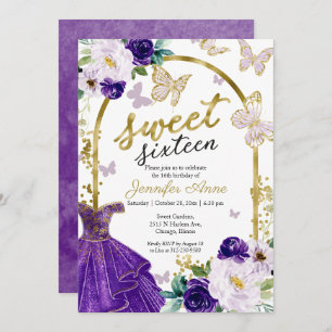 Convites Sweet 16 Floral Purple Dress Butterfly