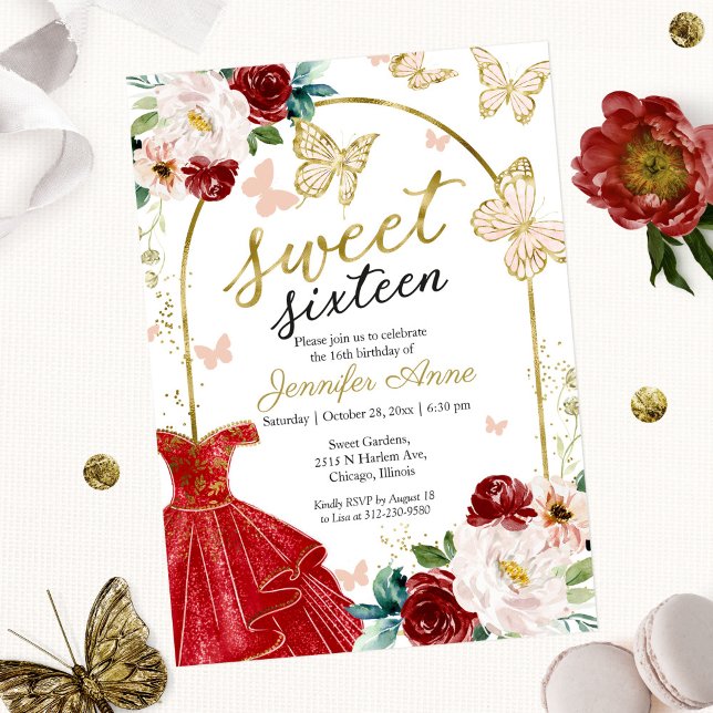 Convites Sweet 16 Floral Red Vress Butterfly (Criador carregado)