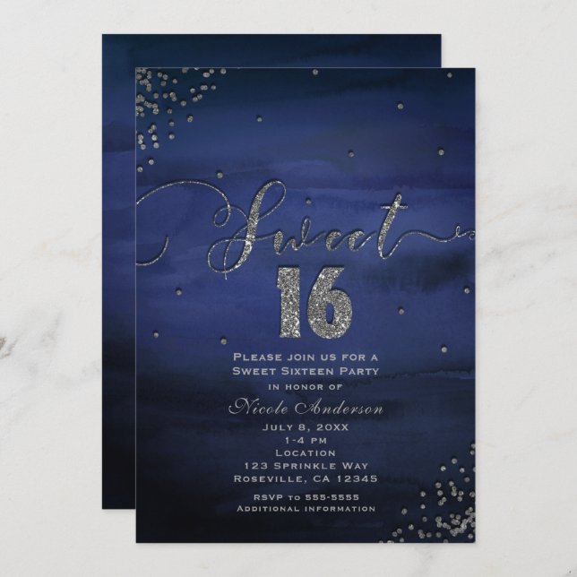 Convites SWEET 16 Glam Modern Watercolor Blue Silver Party (Frente/Verso)