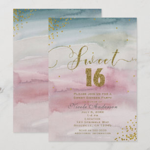 Convites SWEET 16 Glamour Moderno Aquarela Confete Dourado
