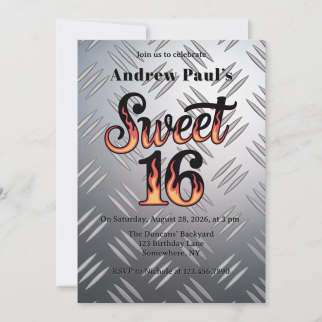 Convites Sweet 16 In Flames and Silver Plate Birthday Party (Frente)