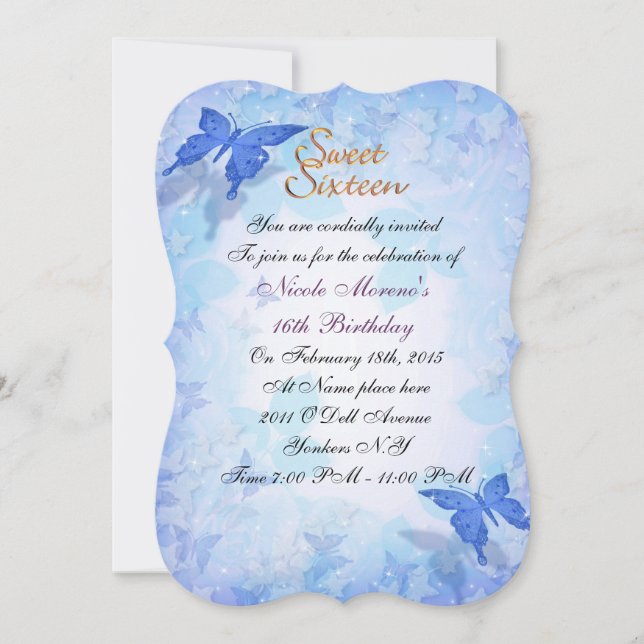Convites Sweet 16 invitation Blue butterflies (Frente)