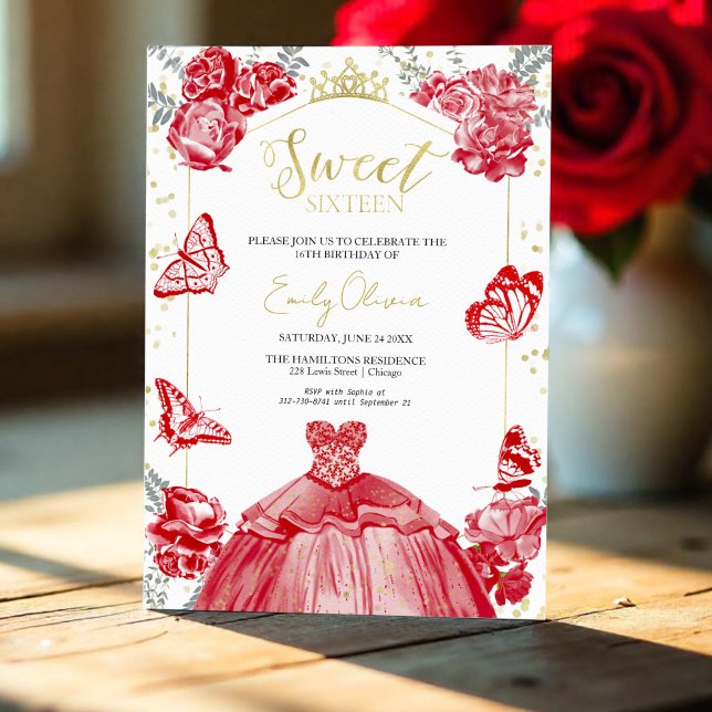 Convites Sweet 16 Invitation Butterfly Red Vress Floral (Criador carregado)