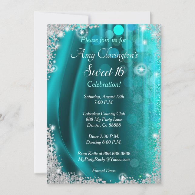 Convites Sweet 16 Invitation Teal & Diamantes (Frente)