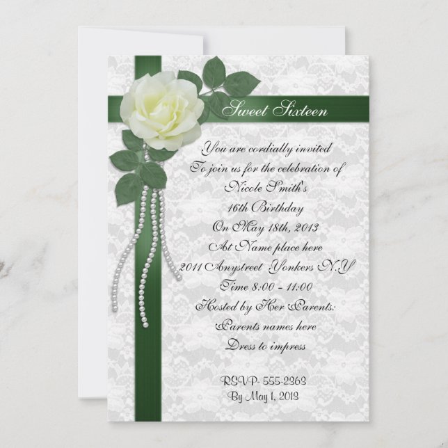 Convites Sweet 16 Invitation White rose e fita verde (Frente)