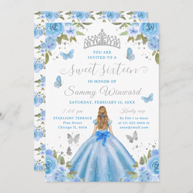 Convites Sweet 16 Light Blue Princess Blonde Girl (Frente/Verso)