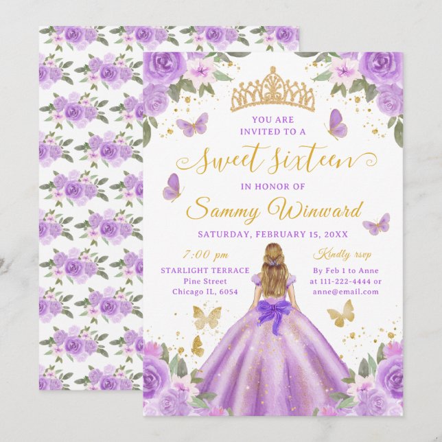 Convites Sweet 16 Light Purple Princess Blonde Girl (Frente/Verso)