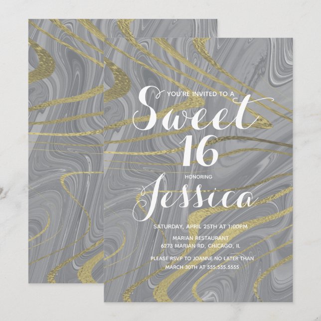 Convites Sweet 16 | Mármore Quinze Líquido Cinza Falso Dour (Frente/Verso)