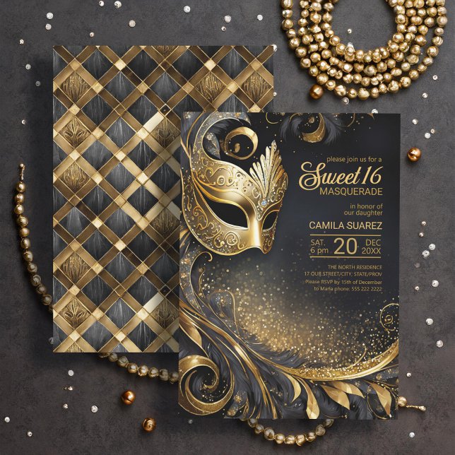 Convites Sweet 16 Mascarada Black Dourado ID1032 (Criador carregado)