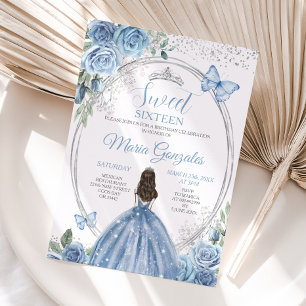 Convites Sweet 16 Mis Quince Dusty Blue & Silver Floral