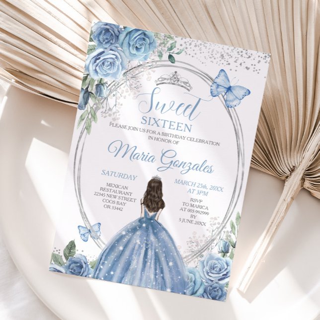 Convites Sweet 16 Mis Quince Dusty Blue & Silver Floral (Criador carregado)