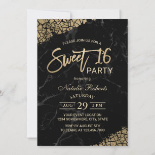 Convites Sweet 16 Modern Black Marble e Tipografia Dourada