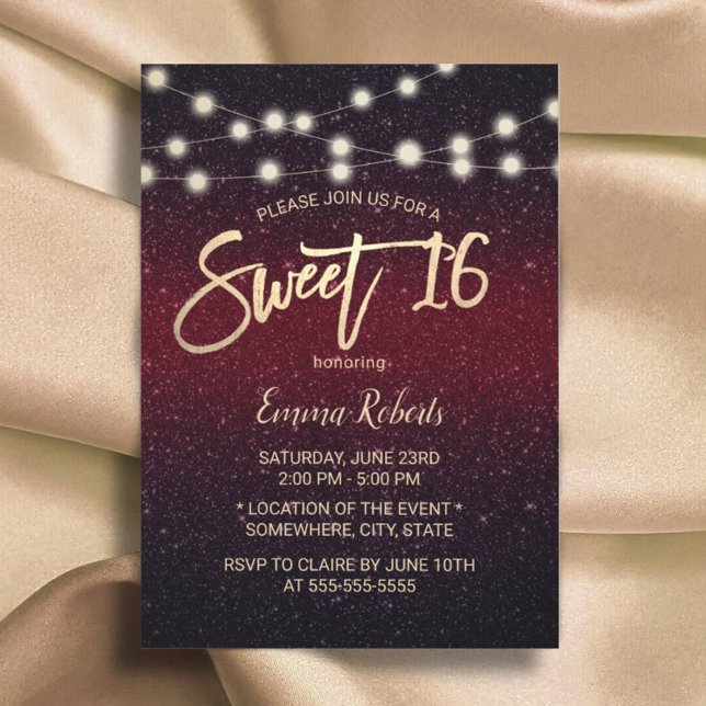 Convites Sweet 16 Modern Burgundy Red Faux Glitter (Criador carregado)