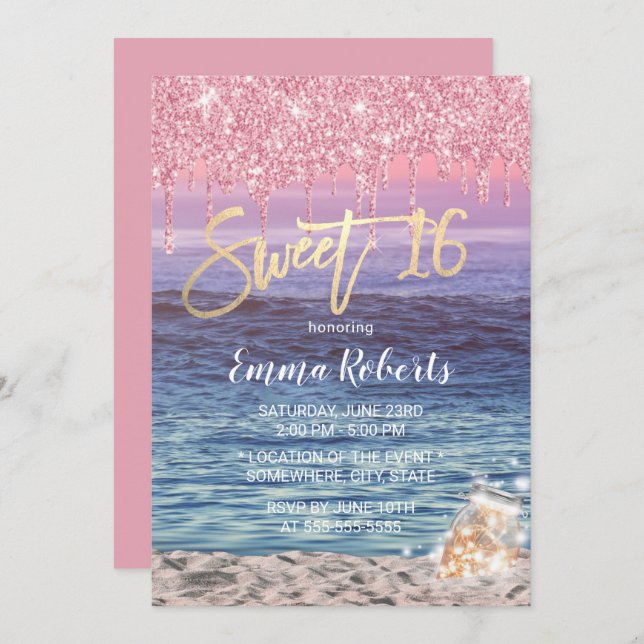 Convites Sweet 16 Modern Pink Glitter Drips Tropical Beach (Frente/Verso)