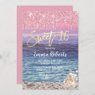 Convites Sweet 16 Modern Pink Glitter Drips Tropical Beach