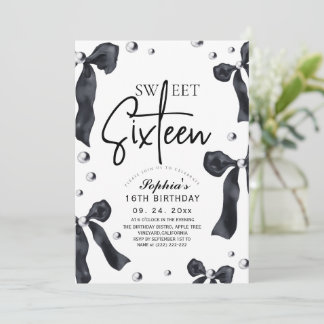 Convites Sweet 16 Modern Stylish Black Bow Birthday Party