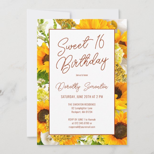 Convites Sweet 16 Modern Sunflower Floral (Frente)