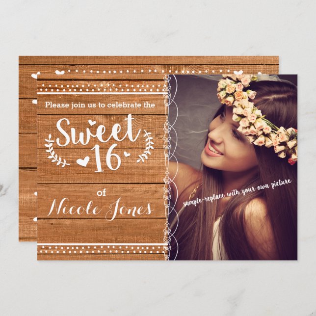 Convites SWEET 16 Oak Wood Rustic Party (Frente/Verso)