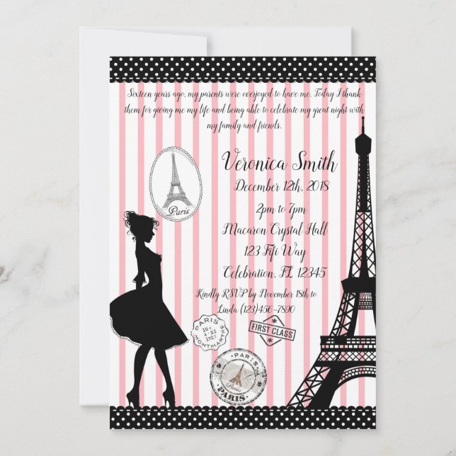 Convites Sweet 16 Paris Passport Pink & Black (Verso)