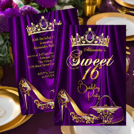 Convites Sweet 16 Party Purple Tiara High heel Purse Gold