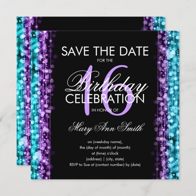 Convites Sweet 16 Party Save The Date Sparkles Purple Teal (Frente/Verso)