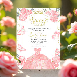 Convites Sweet 16 Photo Invitation Butterfly Pink Floral