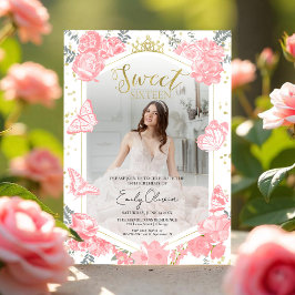 Convites Sweet 16 Photo Invitation Butterfly Pink Floral