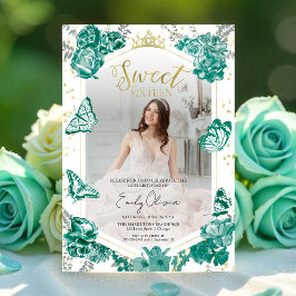 Convites Sweet 16 Photo Invitation Emerald Green Butterfly