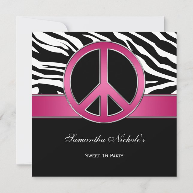 Convites Sweet 16 Pink Peace Sign Black Zebra (Frente)