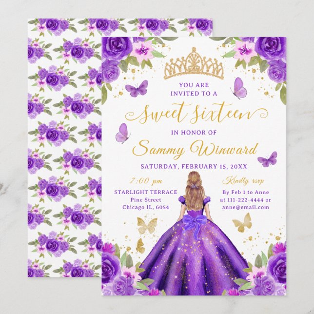 Convites Sweet 16 Purple Princess Blonde Girl (Frente/Verso)