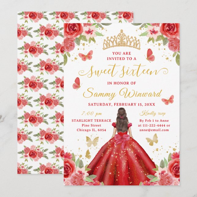 Convites Sweet 16 Red Princess Brunette Girl (Frente/Verso)