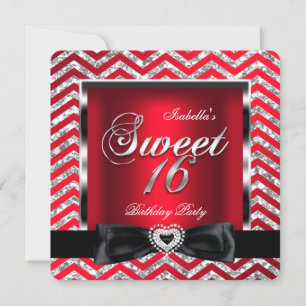 Convites Sweet 16 Regal Red Chevron Stripe Prateado Preto