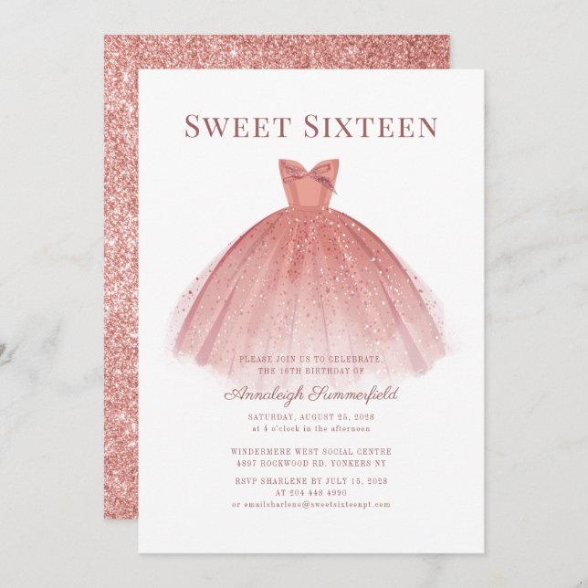 Convites Sweet 16 Rosa Dourado Script Modern (Frente/Verso)