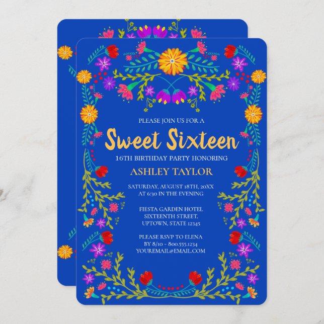Convites Sweet 16 Royal Blue Mexicano Fiesta Floral Birthda (Frente/Verso)