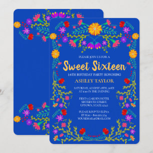 Convites Sweet 16 Royal Blue Mexicano Fiesta Floral Birthda
