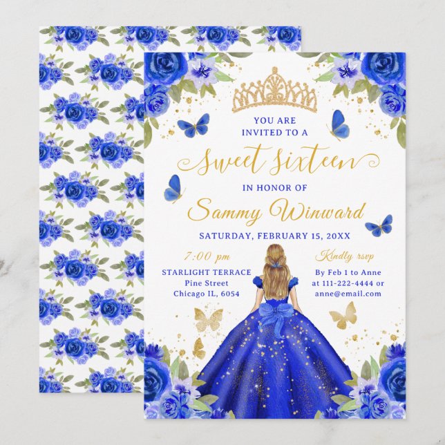 Convites Sweet 16 Royal Blue Princess Blonde Girl (Frente/Verso)