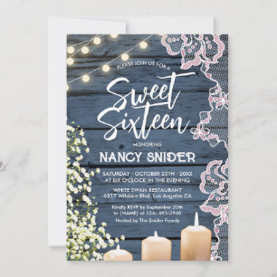 Convites Sweet 16 Rustic Blue Wood String Luzes Modernas