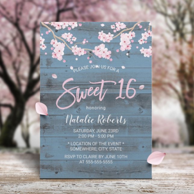 Convites Sweet 16 Rustic Cherry Blossom Flowers Dusty Blue (Criador carregado)